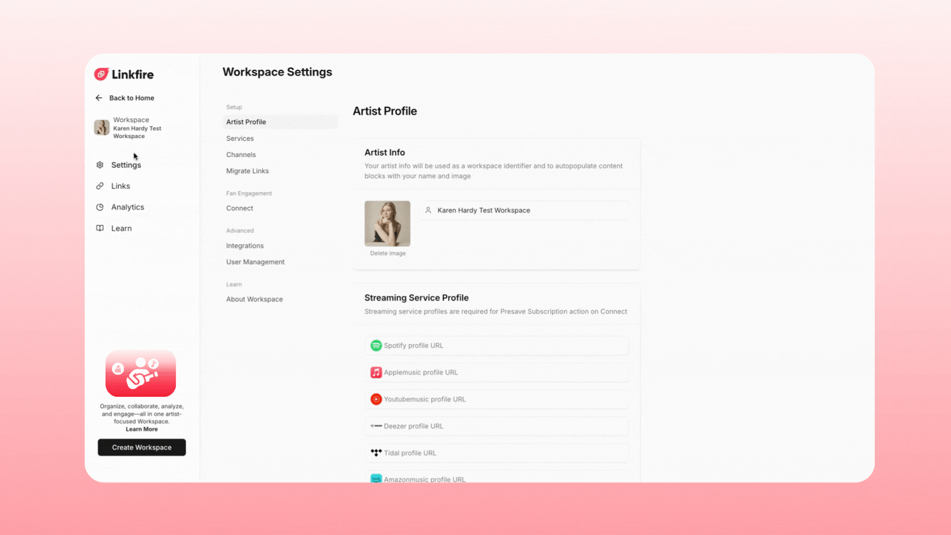 artist-centric tools Linkfire workspace